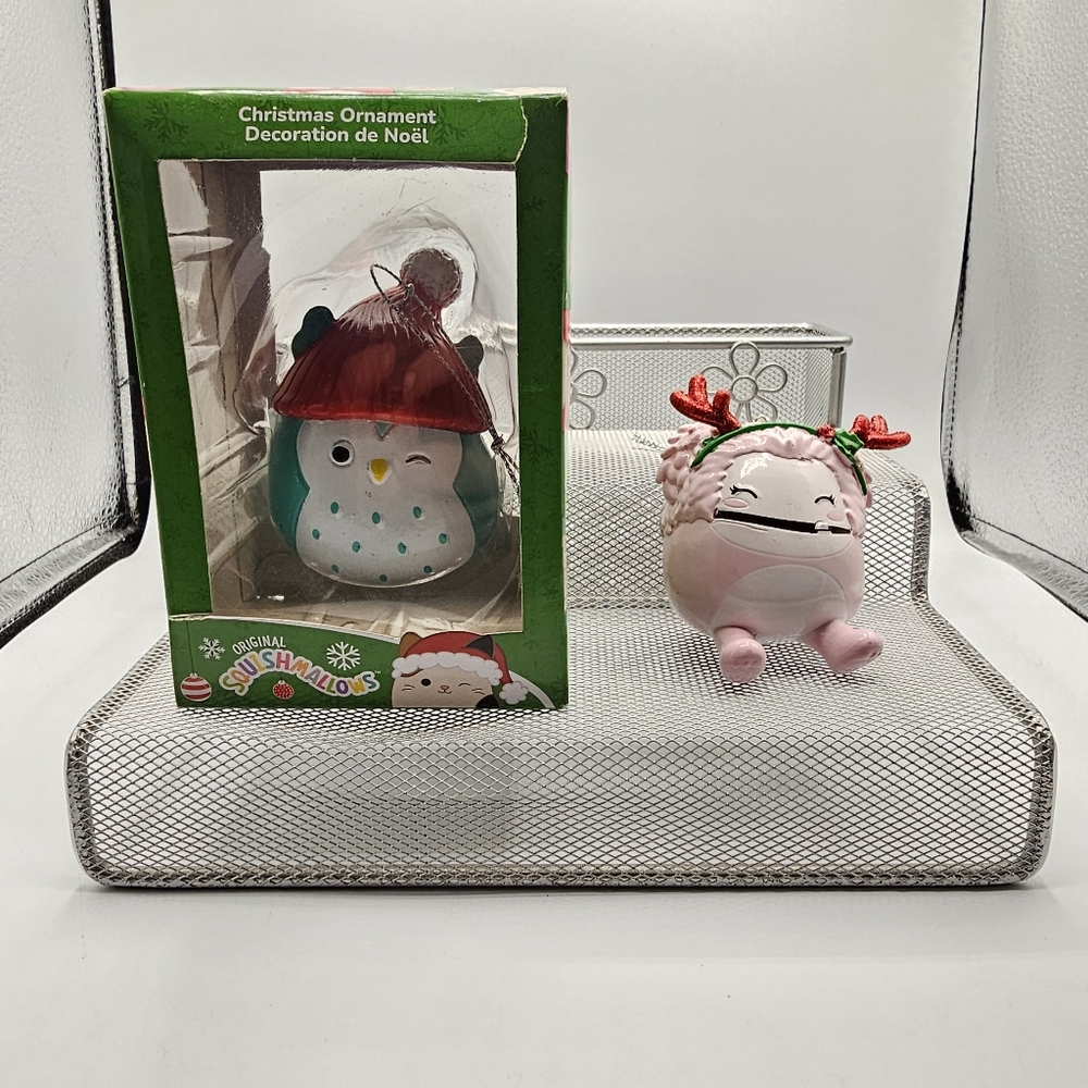 Squishmallow Christmas Ornaments - Penguin and Pink Yeti. Box has tear in it.